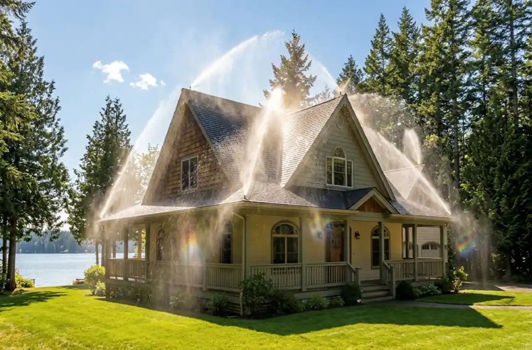 House protected by wildfire sprinkler system